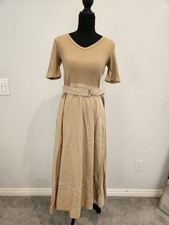 NWT Current Air Tan Rib Knit Belted Linen Blend A-Line Midi T-Shirt Dress S