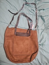 Brown Suede Tote Bag with Detachable Pouch, Shoulder Strap, Zip Closure