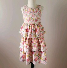 TAHARI Girl's Long Sleeveless Tiered Dress Vibrant Floral Pink Yellow Size 5