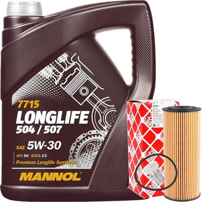 FEBI ÖLFILTER + 5L MANNOL 5W-30 LONGLIFE ÖL VW 504 507.00 für VAG 1.9 2.0 TDI