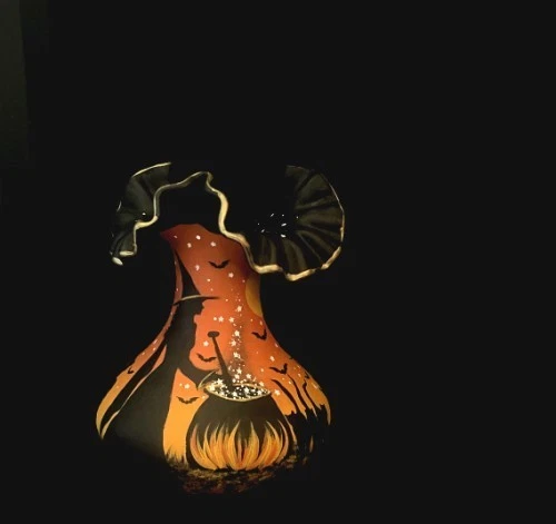 Vintage Fenton Halloween Witch & Black Cats Ruffle top Vase HP BY* Peggy G