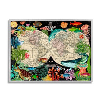 Vintage World Hemisphere Map Vibrant Animal Illustrations Grey Framed Wall Ar...