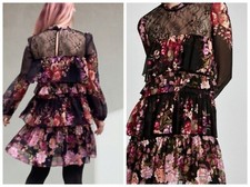 ZARA Sz S Black Floral Lace Tiered Mini Frock Dress Cocktail