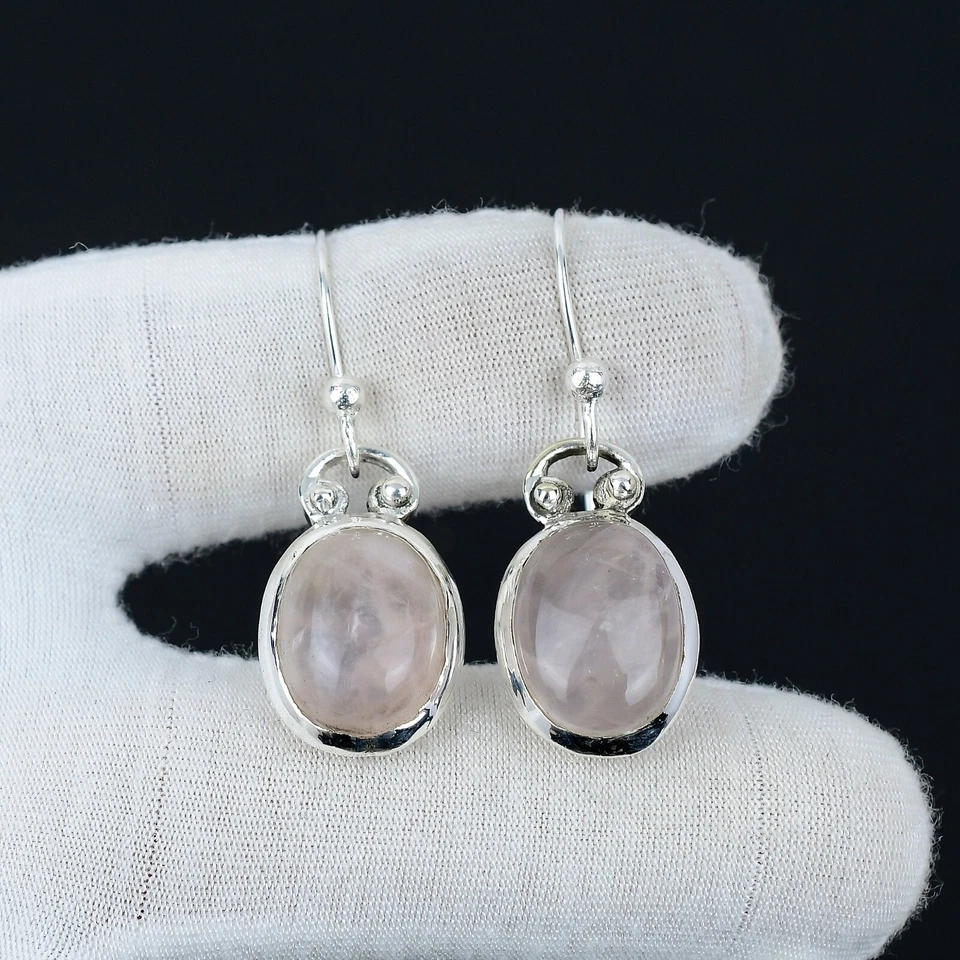 Orecchini In Argento Sterling 925 Fatti A Mano In Quarzo Rosa Per Donne - Immagine 4 di 4