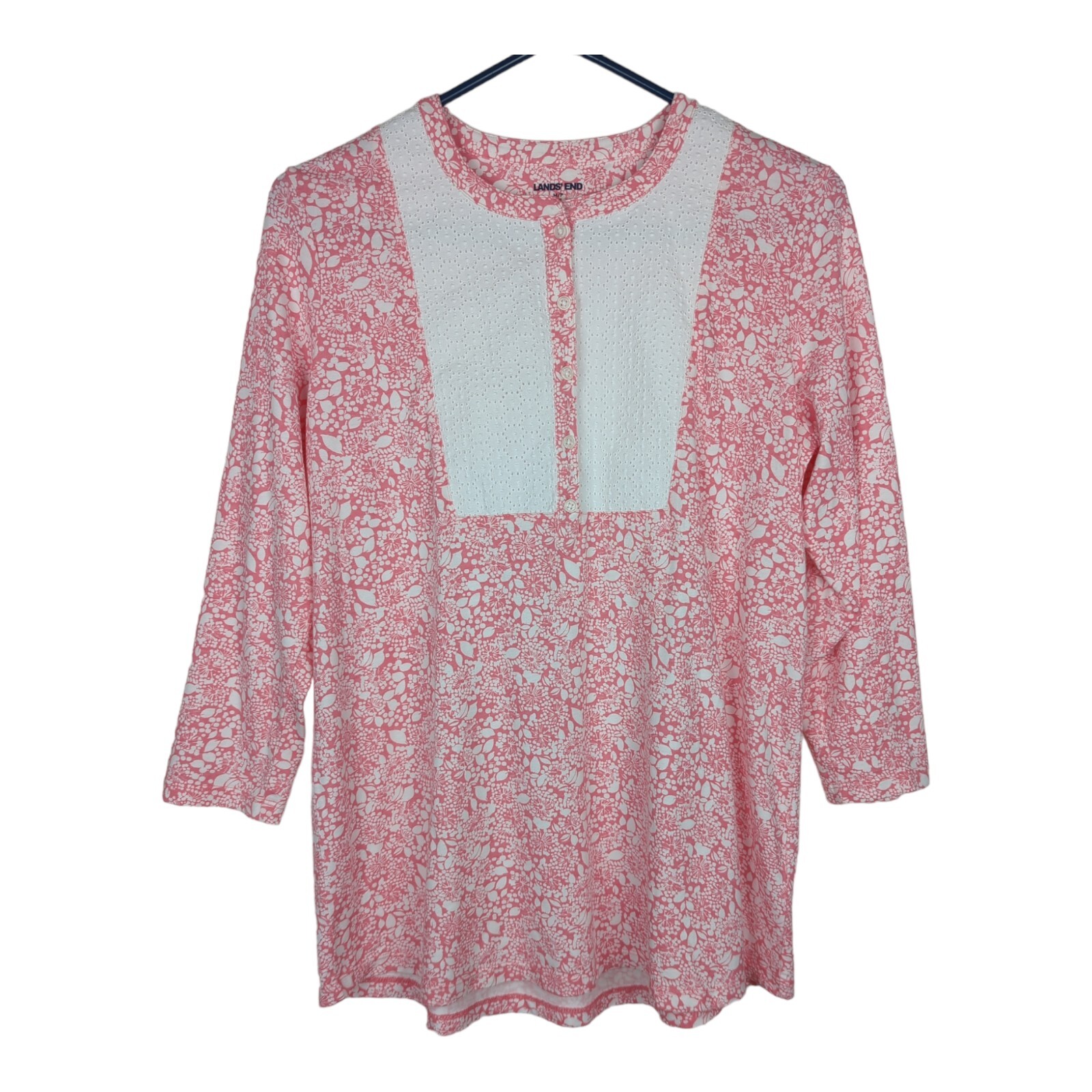 Lands End Womens Petite Medium M/P Pink White Floral Button Up Shirt