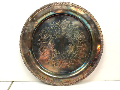 WM A. Rogers Round Serving Tray *Silver Plate* Platter Braided Edge Floral Heart