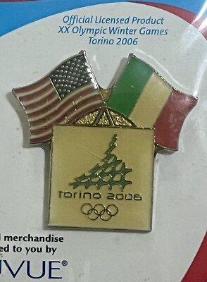 Torino 2006 Olympic Winter Game Lapel Pin w/ Two Flags Italy USA