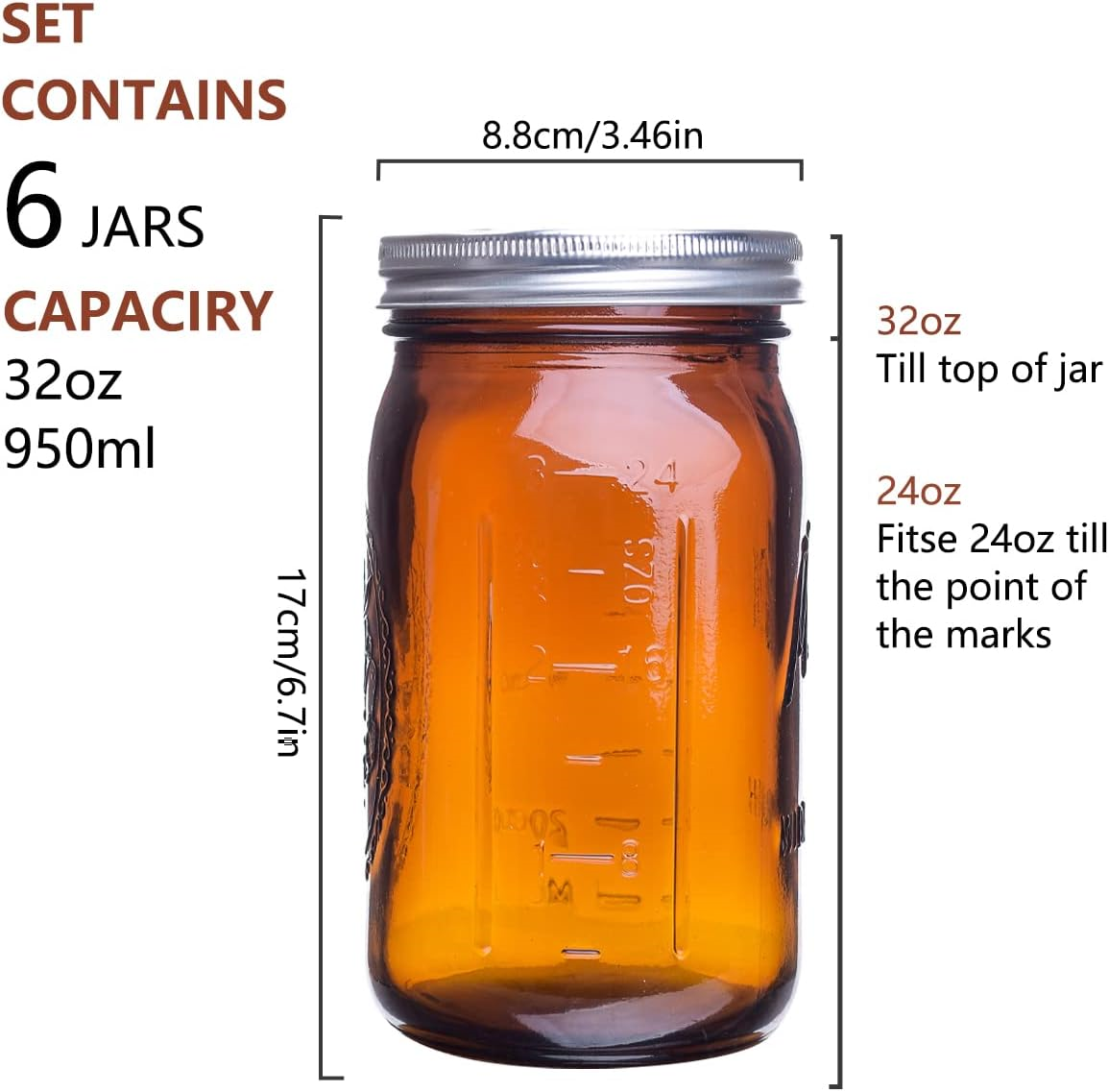 Amber Glass Mason Jars 32 oz Wide Mouth with Airtight Lids and Bands 6