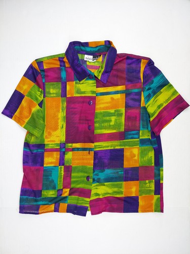 90s does the 70s sheer button down shirt abstract art blouse michelle michelle L