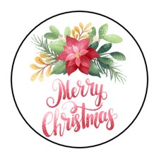 30 MERRY CHRISTMAS ENVELOPE SEALS LABELS STICKERS 1.5" ROUND POINSETTIA