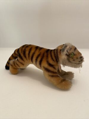 Alter Steiff Tiger mit Brustschild Mohair fest gestopft 20 cm 60er Jahre
