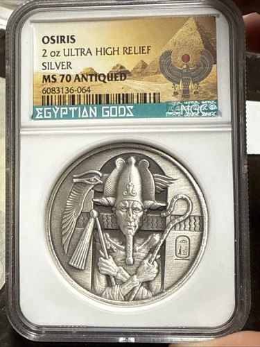 MS 70 Osiris 2 oz Ultra High Relief Egyptian Gods .999 Silver Antiqued Round