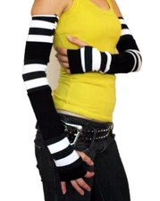Long Patchwork Winter Gloves Black White Striped Arm Warmers Hand Sleeves Covers
