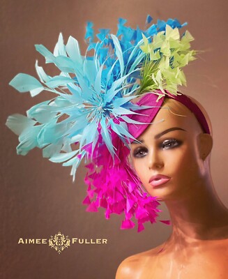 Hot Pink Kentucky Derby Fascinator Lime Apple Green Hat Del Mar Turquoise Blue