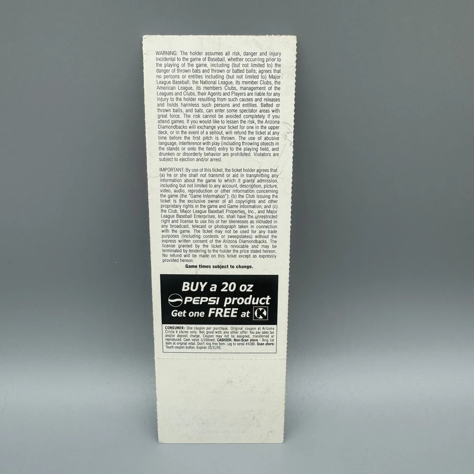 MAY 24, 2005 ARIZONA DIAMONDBACKS CRAIG COUNSEL AUTO & FEAT ON FULL TICKET - Image 2 of 2