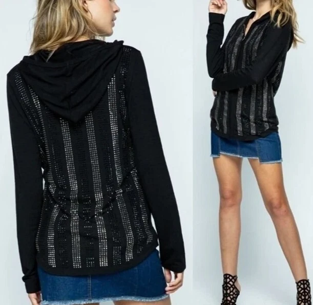 Vocal Brand black Silver Crystal Embellished Nnit Hoodie Zipper Jacket Large - Imagem 2 de 4