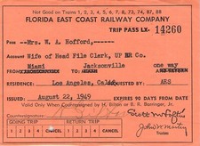 FEC FLORIDA UP TRIP RAILROAD RAILWAY RR RY PASS