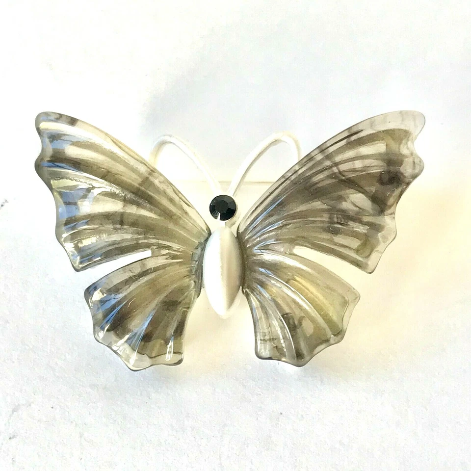 Broche Pin Mariposa Ámbar Plateado Vintage Plateado Insecto Simulado Hecho en EE. UU. Foto 3 de 4