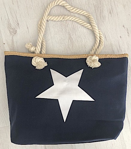 Borsa Mare In Tessuto Blu Maren Con Stella Bianca e bordo in Paglia Manici  In Co | eBay