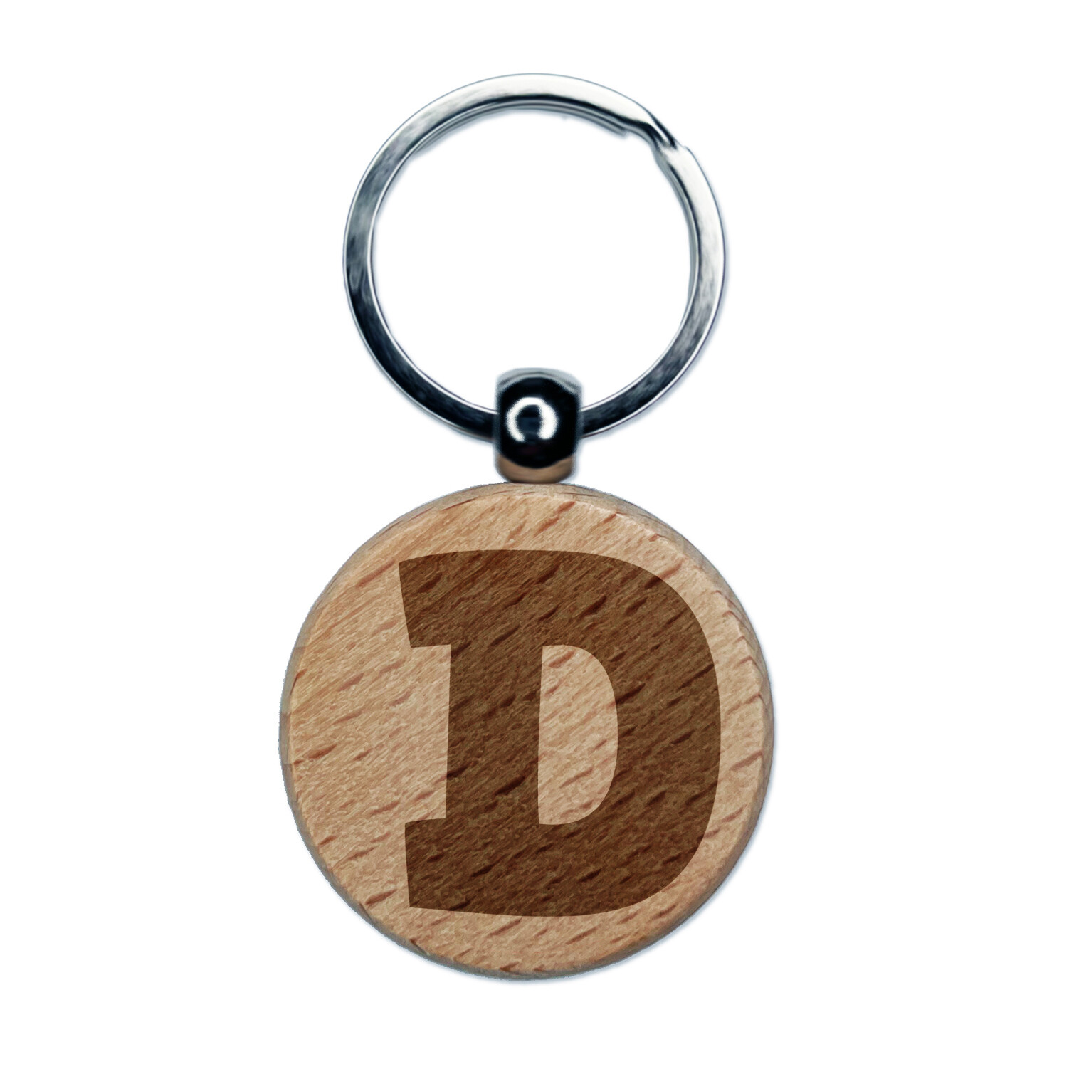 Letter D Uppercase Fun Bold Font Engraved Wood Round Keychain Tag Charm