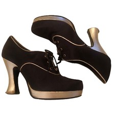 60s 70s Disco VINTAGE PETER FOX Black Silver SATIN PLATFORM SHOES Size 7 B