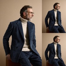 Corduroy Men's Suits Navy Winter Warm Notch Lapel Casual 2Pieces Vintage Coat