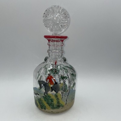 VINTAGE HAND PAINTED HORSE FOXHOUND DOG AND HUNTSMAN RIDER FOX HUNTING DECANTER