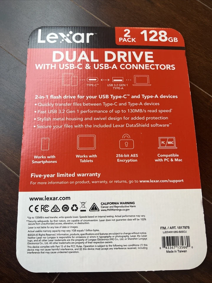 Lexar 128GB 2-in-1 Dual Flash Drive USB-C and USB-A, Mac-Android- PC– 2 PACK - Image 2 of 2