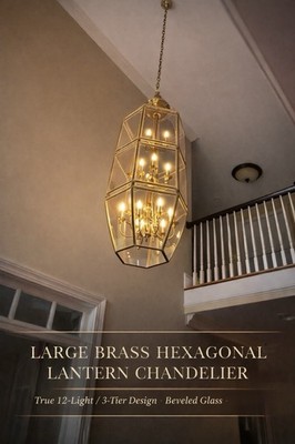 Large Brass Hexagonal Lantern Chandelier 12-Light Beveled Glass 3-Tier