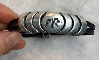 Vintage COURAGE USA Native American Black Leather Metal Boar Bear Bracelet