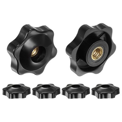 6pcs Star Knobs 1/4-20 Thread 32mm Head Through Hole Brass Insert Knob Black