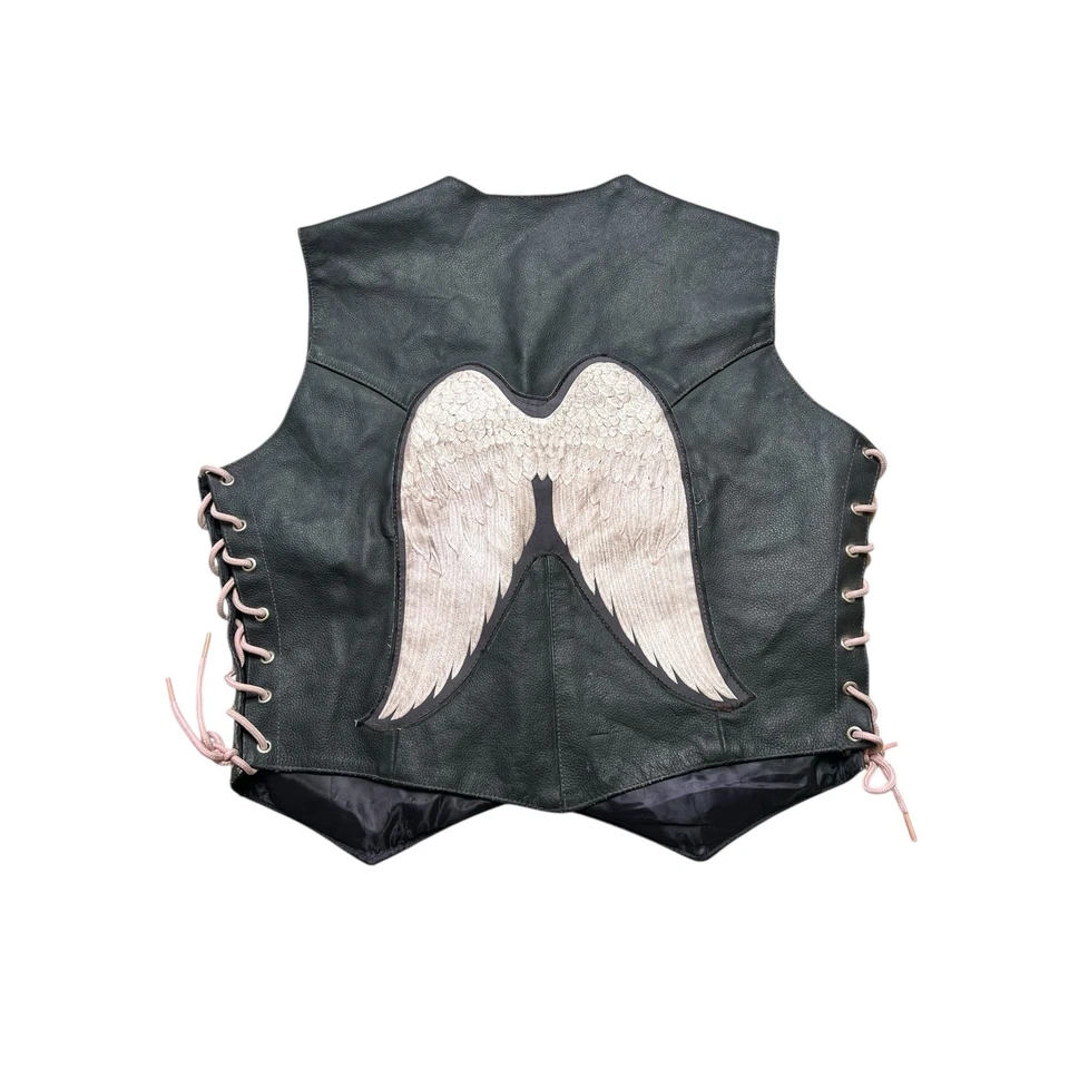 VTG Leather Biker Vest Snap Front Adjustable Laces Black Sleeveless Sz 2XL  - Bild 2 von 4