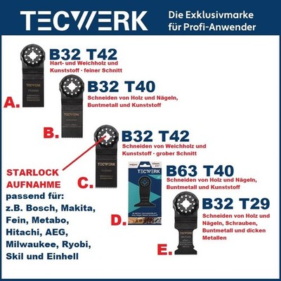 TECWERK Multitool Starlock Sägeblatt Tauchsägeblätter Holz Kunststoff Metall usw
