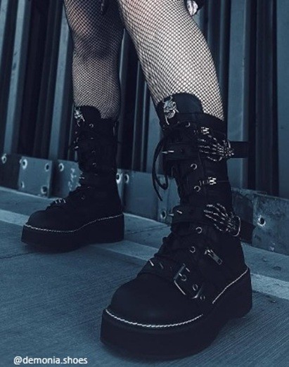 Black Motorcycle Riding Goth Combat Boots Demonia Skeleton Hands Buckles Devil