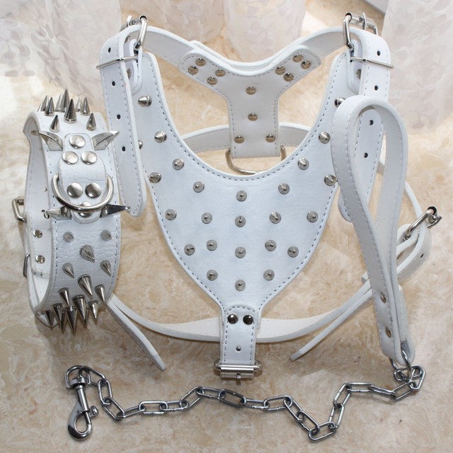 Leather Spiked Studded Dog Collar Harness Chain Lead Heavy Duty Pit