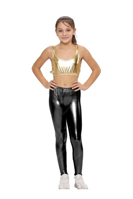 GIRLS METALLIC LEGGINGS WET LOOK FOIL SHINY KIDS CHILDREN DISCO