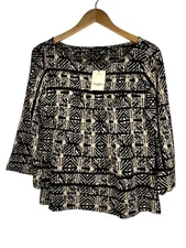LUCKY BRAND Peasant Crop Blouse Sz S Black Beige Geometric Print Woven Viscose