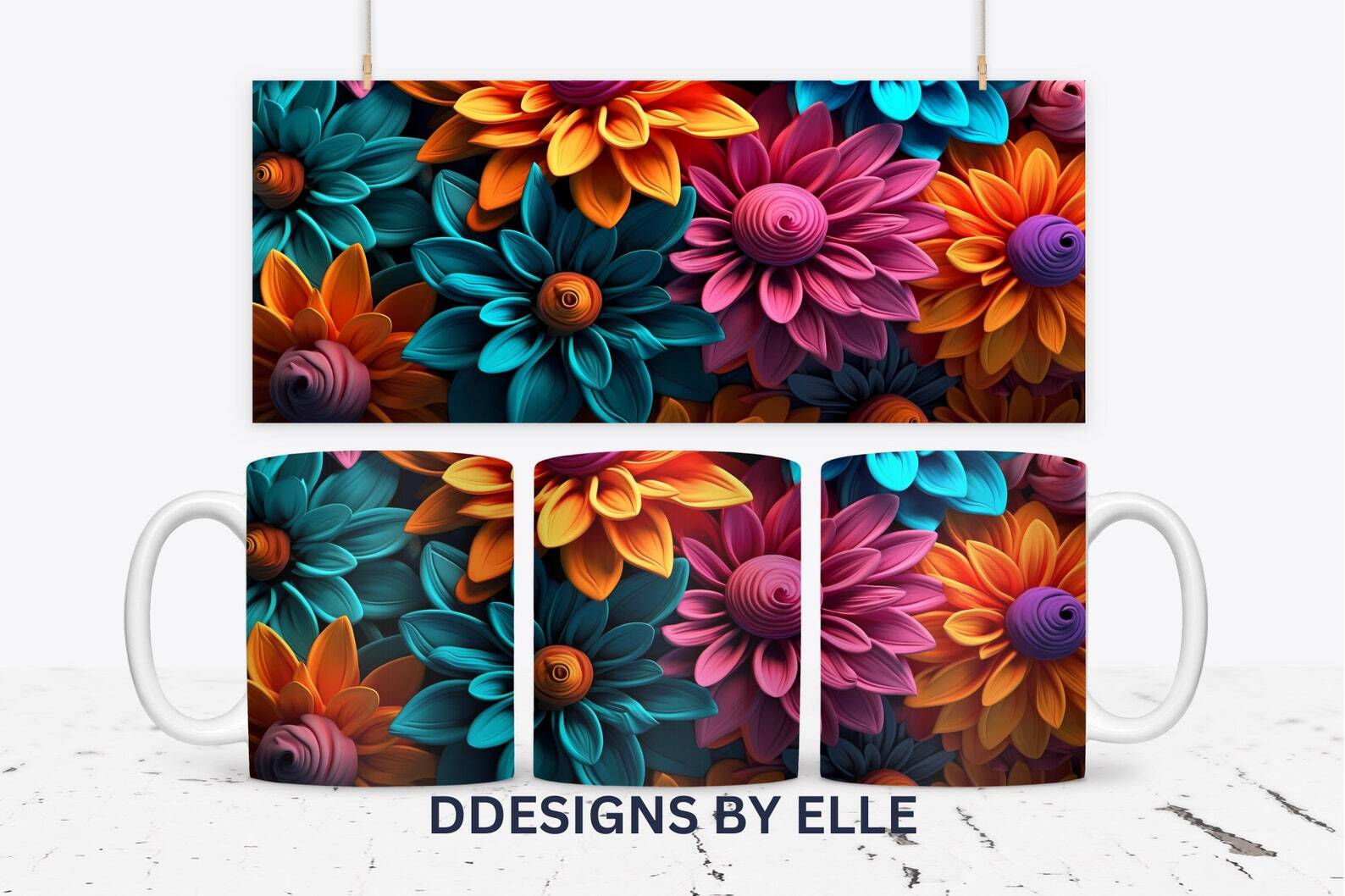 3d Colorful Flowers Mug Flower Mug 3d Mug Design 3d Floral Mug Png 11oz And 15oz