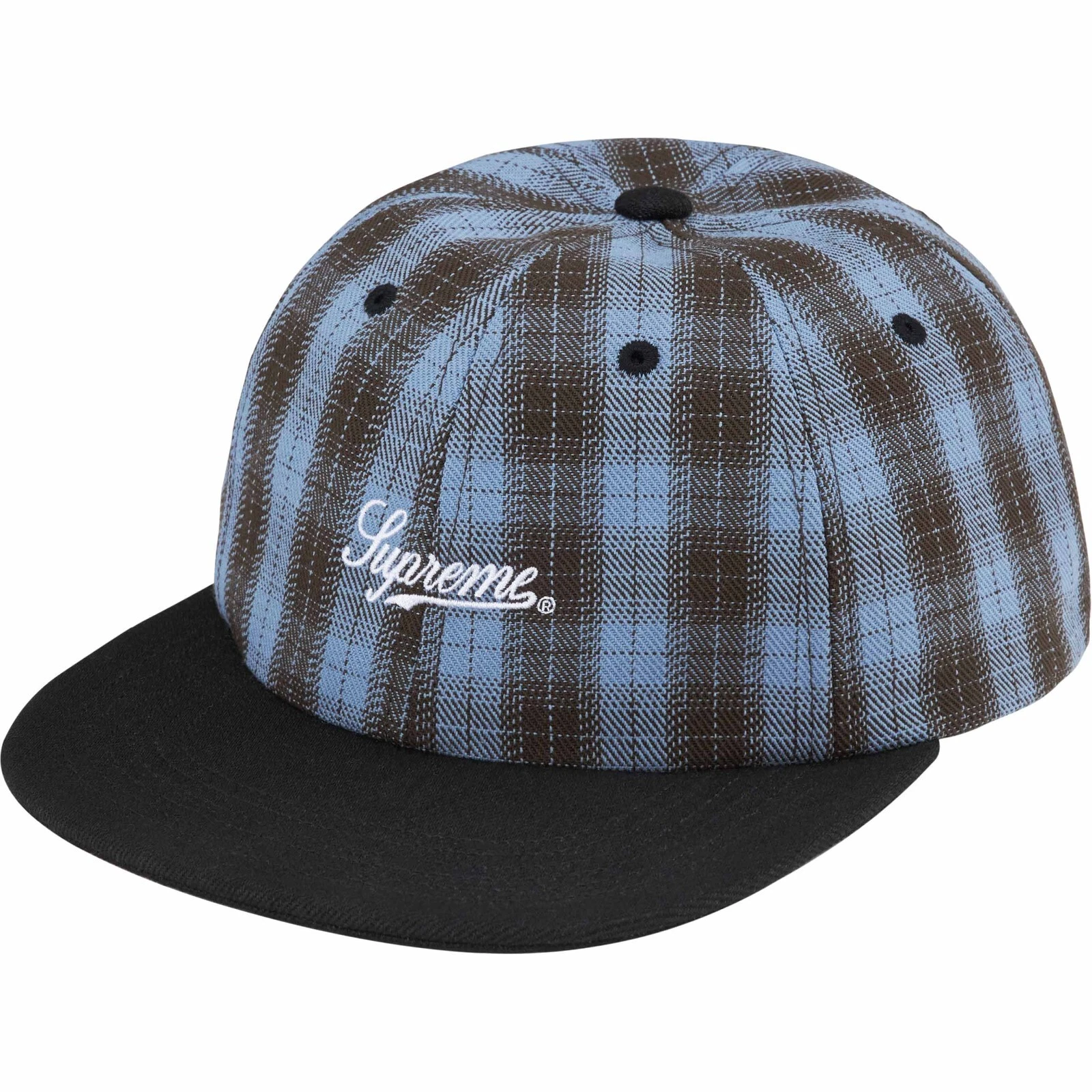 Casquette chapeau 6 panneaux logo Supreme Script   plaid bleu   SS24 neuf authentique