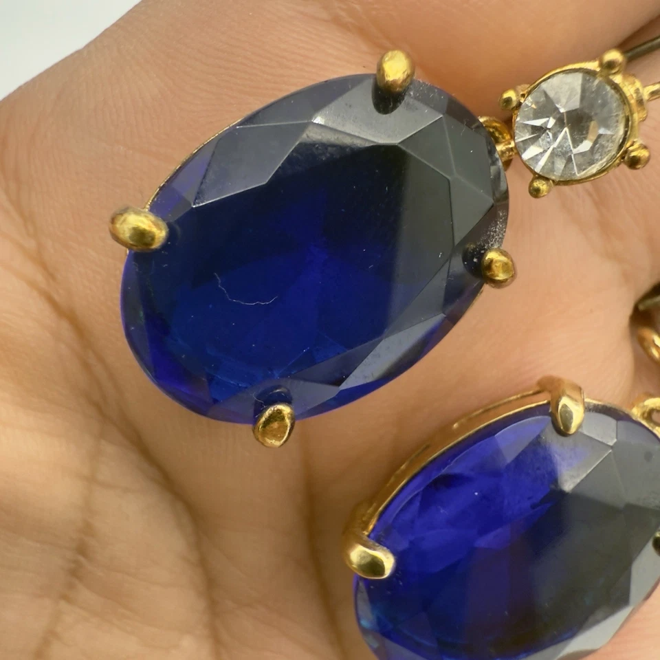 Pendientes De Colección Monet Estrás Tono Dorado Zafiro Azul Cuelgan Declaración Nuevos de Lote Antiguo Foto 4 de 4