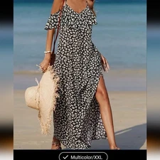 Floral Maxi Sundress Black & White Daisy Print Ruffle Dress Spaghetto Strap XXL