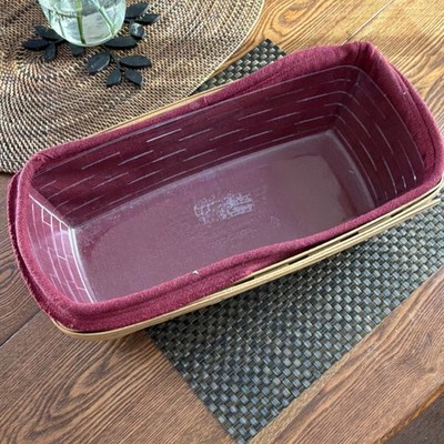 Longaberger Rectangular Bread Basket Wood Woven Burgundy Liner Protector