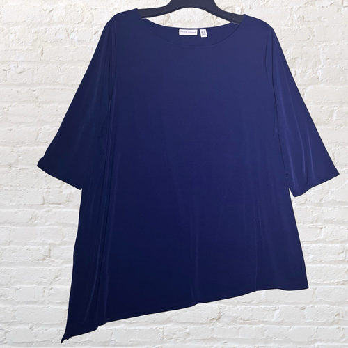 Susan Graver flüssige Strick Tunika Bluse Gr. 3X dunkelblau Stretch asymmetrischer Saum