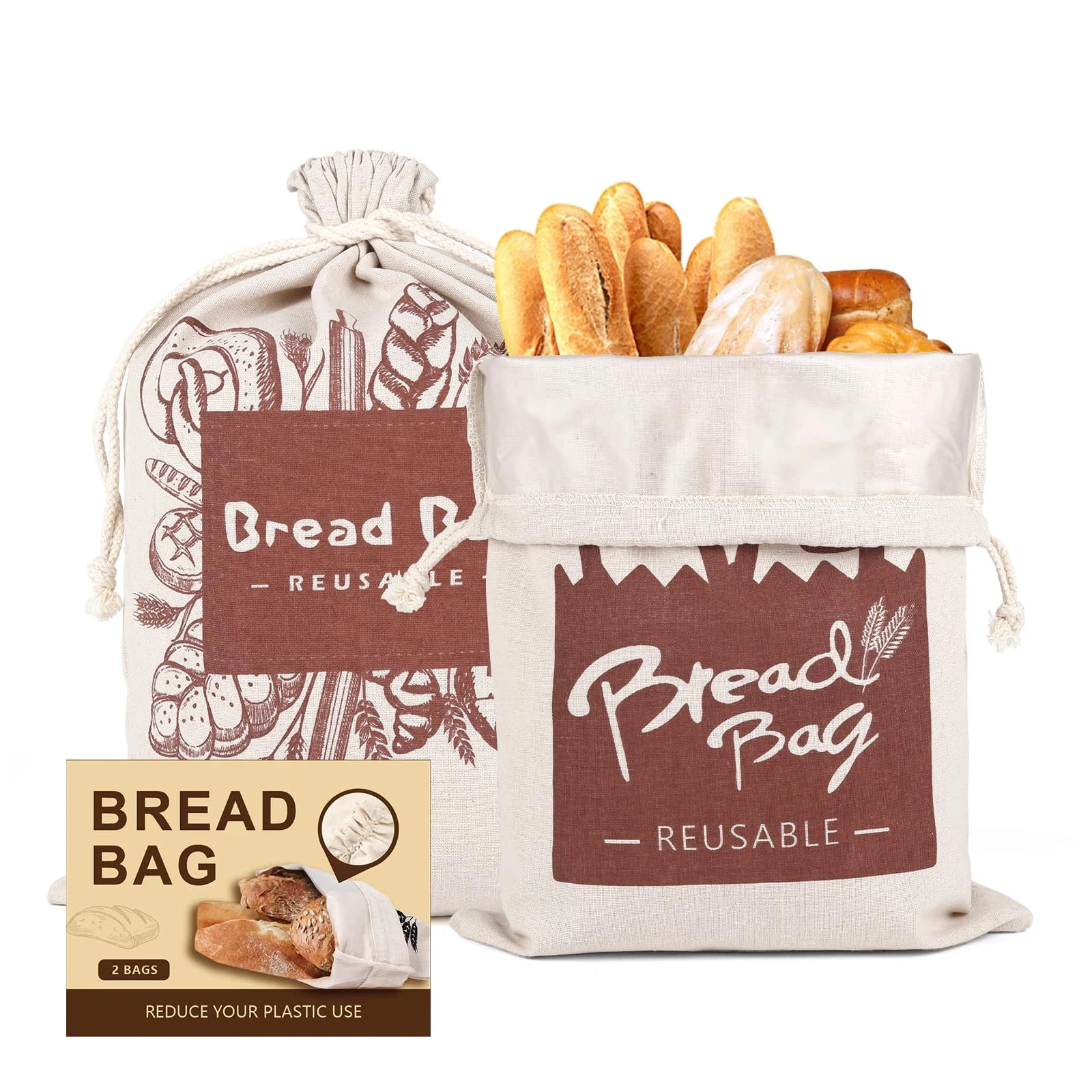 Bread Bags, 2 Pack Bread Bags Reusable Linen with Plastic Lining, Large 17“×1...