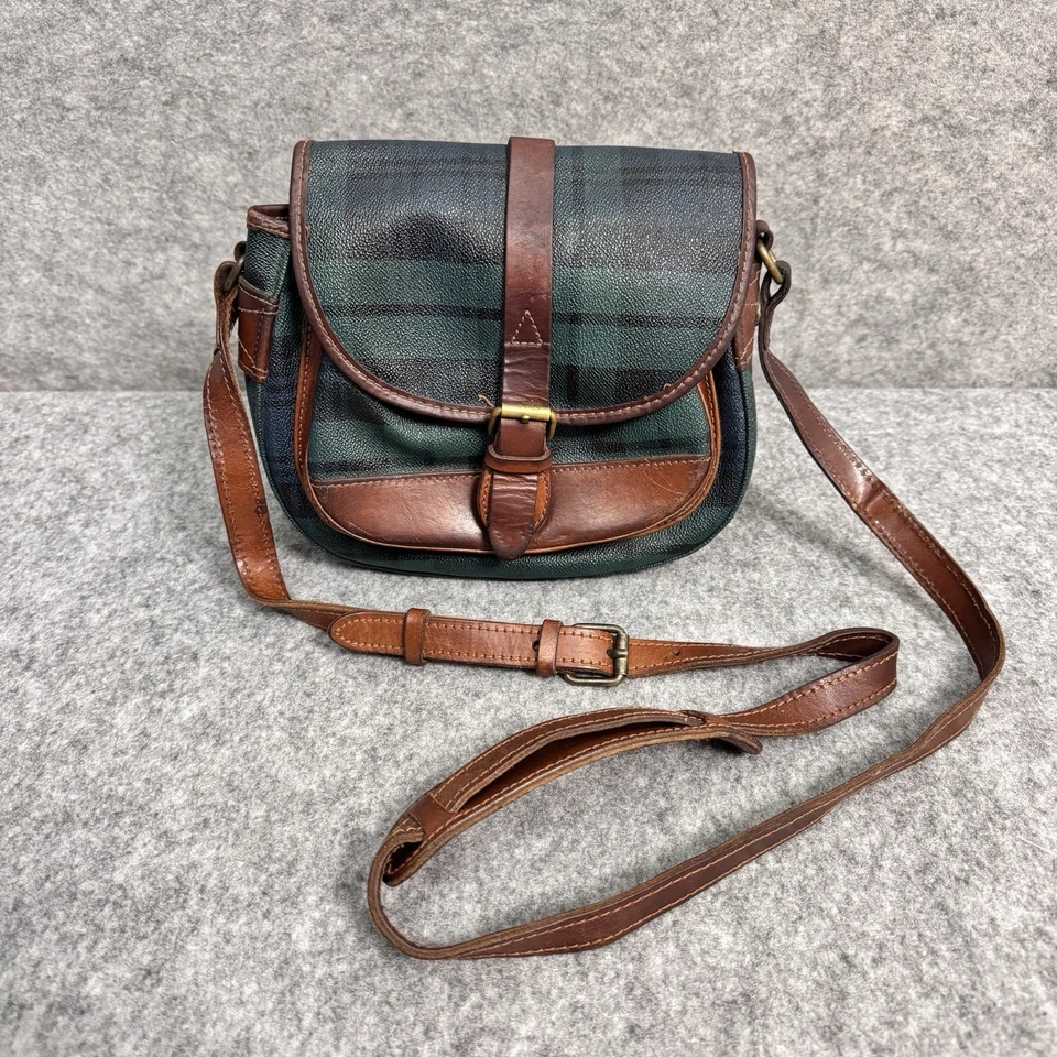 VTG Polo Ralph Lauren Crossbody Bag Black Watch Tartan Plaid Leather Purse - Image 2 of 4