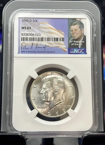 1969 D Kennedy Half Dollar NGC MS 63 Portrait Label Facsimile Sign.  40% Silver 