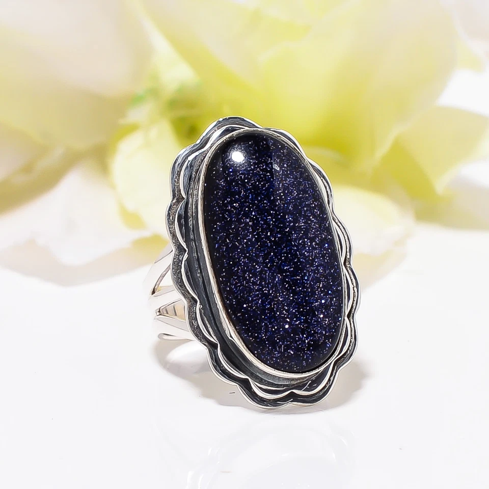 Blue Sunstone Solid 925 Sterling Silver Jewelry Ring Christmas Gift for her - Image 4 of 4