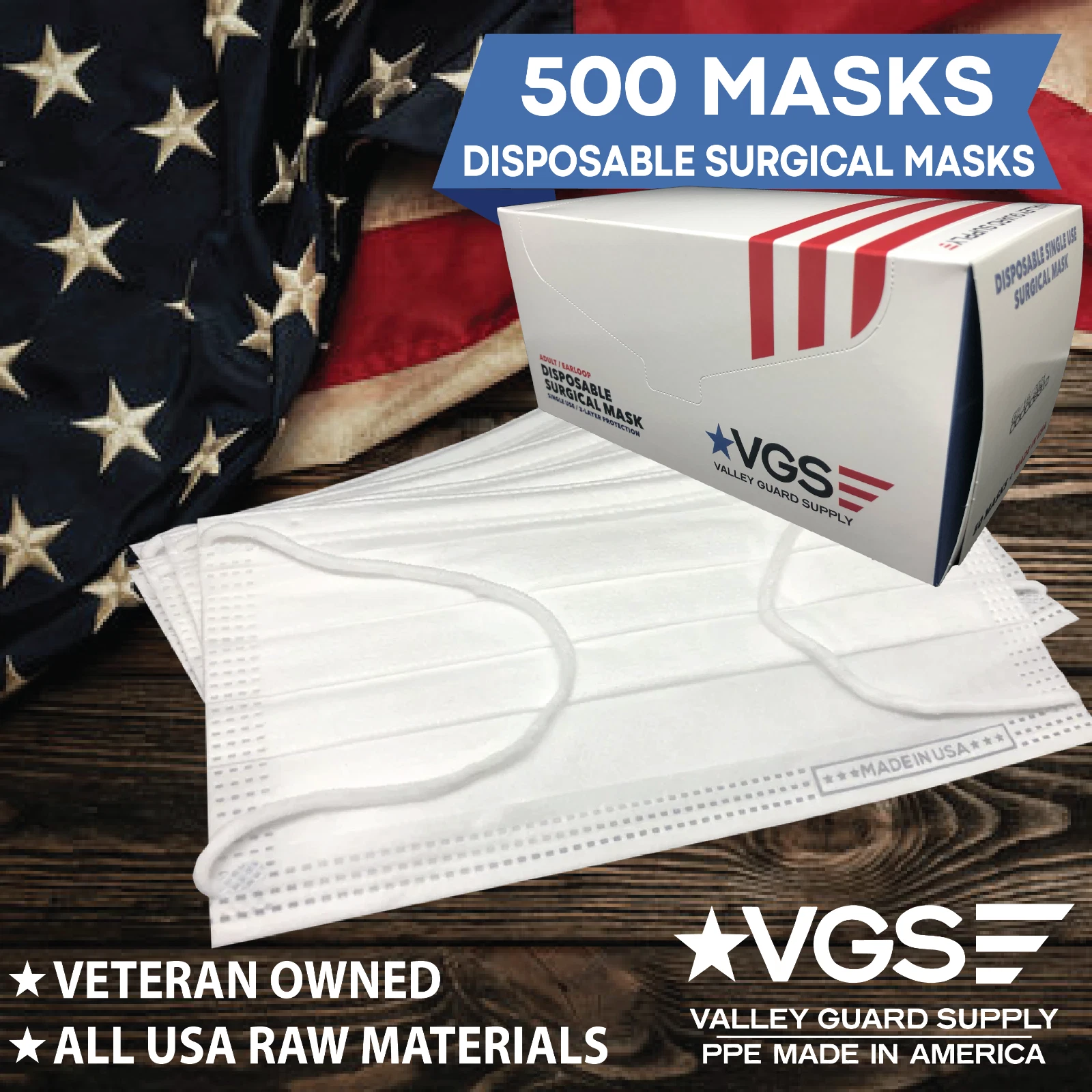 500 QTY | Made in USA Disposable Surgical Ear-Loop Face Masks | 3 Ply | Level 2