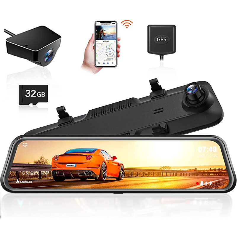 WOLFBOX 12" Mirror Dual Dash Camera Front & Rear Dash Cam With WiFi&GPS for Cars