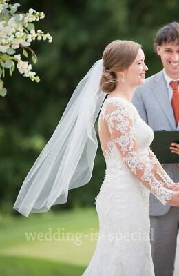 Hochwertiger hellweißer Brautschleier Hochzeit 1-stufig Fingerspitze Schnittkante 38'' UK